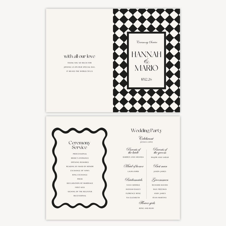 Puede incluir: Un programa de boda con un patr&oacute;n de cuadros en blanco y negro. Muestra los nombres "HANNAH & MARIO" y la fecha "10.12.26". El lado izquierdo incluye el texto "with all our love" y detalles de la ceremonia.