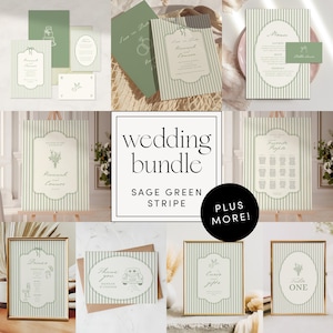 Pode incluir: Um conjunto de artigos de papelaria de casamento com listras verdes e brancas. O pacote inclui convites, menus e placas de mesa. O texto "wedding bundle" e "sage green stripe" são exibidos.