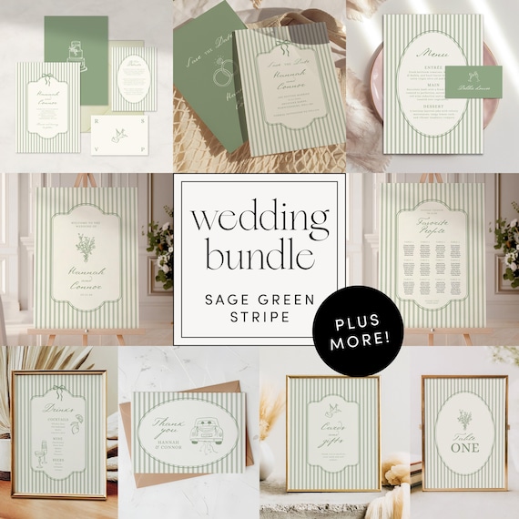 Wedding Invitation Template Bundle Sage Green, Stripe Illustrated Whimsical Wedding Suite, Wedding Signs Bundle (Canva Template) 014