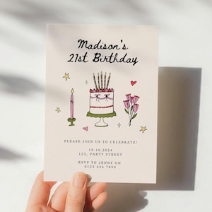 Editable Birthday Party Invitation, Hand Drawn Cake Scribble 16th, 18th, 21st, 30th, 40th, 50th, Birthday Invite, Printable Canva Template