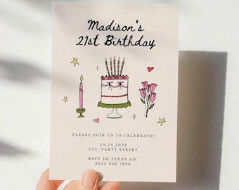 Editable Birthday Party Invitation, Hand Drawn Cake Scribble 16th, 18th, 21st, 30th, 40th, 50th, Birthday Invite, Printable Canva Template