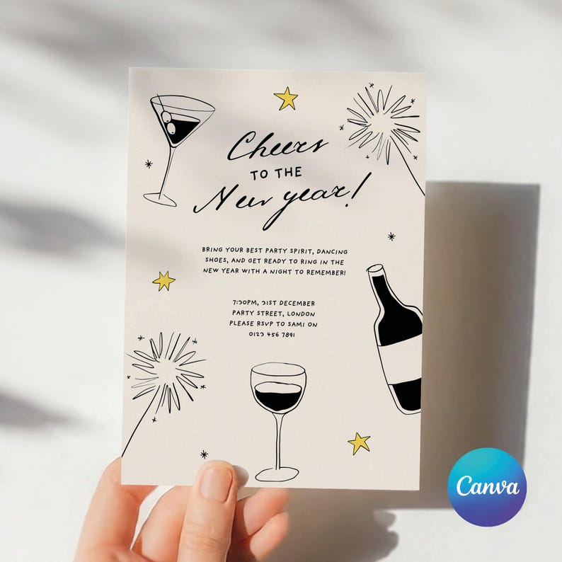 May include: A New Year's Eve party invitation with a black and white illustration of a wine glass, a martini glass, and a bottle of wine. The text reads "Cheers to the New Year!" and includes the date, time, and location of the party.