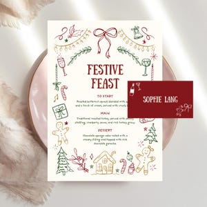 Menú de cena navideña y plantilla de tarjeta de lugar ilustrada a mano, menú con ilustración garabateada, menú festivo editable, cena navideña, Canva
