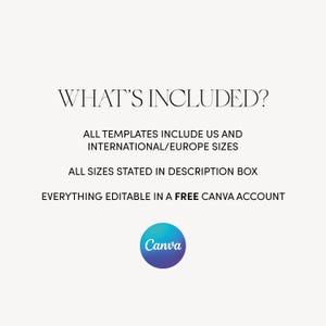 Puede incluir: Texto que dice "What's Included?"  Todas las plantillas incluyen tallas de EE. UU. y tallas internacionales/europeas. Todas las tallas se indican en la descripci&oacute;n. Todo es editable en una cuenta gratuita de Canva. El logotipo de Canva se muestra debajo del texto.