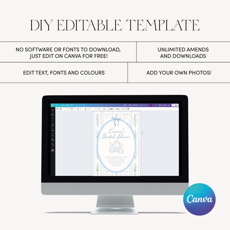 May include: A computer monitor displays a DIY editable template for a bridal shower invitation. The design features a light blue oval frame with floral accents and the text "Lauren's Bridal Shower". Additional text includes "Edit text, fonts and colours".