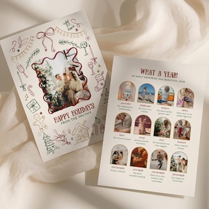 May include: Two-page holiday card set. The first card has a family photo in a red-bordered frame, with "HAPPY HOLIDAYS! FROM THE SMITH'S" in red text. The second card has a "WHAT A YEAR!" title and twelve small photos.