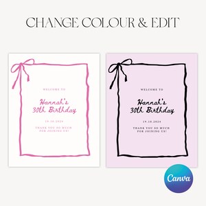 K&ouml;nnte beinhalten: Zwei druckbare Geburtstagseinladungen mit einem rosa-wei&szlig;en Design auf der linken Seite und einem schwarz-violetten Design auf der rechten Seite. Beide Einladungen haben eine handschriftliche Schriftart mit dem Text "Willkommen zu Hannah's 30th Birthday 19.10.2024 Vielen Dank, dass Sie dabei sind!"