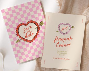 Spaß Save the Date Vorlage, handgeschrieben bearbeitbar Save the Date Retro einzigartiges Einladen-Design, Schachbrett-Canva, druckbares Einladen 003