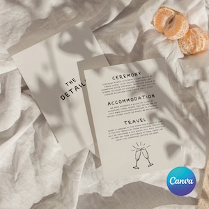 May include: A beige wedding invitation card with black text detailing the ceremony, accommodation, and travel information. The text includes the time and location of the ceremony, the name of the hotel, and directions for guests to get to the venue. The card also includes a simple illustration of two champagne glasses.