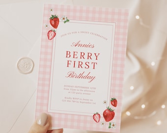 Berry First Birthday Invitation Template, Printable Strawberry 1st Birthday, Digital Girls 1st Birthday Gingham Invite Editable Canva,