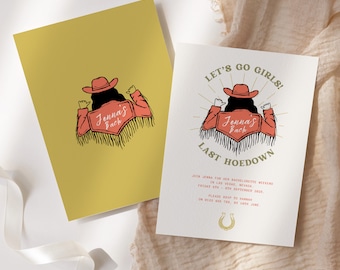 May include: A white card with a gold horseshoe and the text "Let's Go Girls!" and "Jenna's Bach Last Hoedown". The card also includes a cartoon illustration of a woman wearing a red and black cowboy outfit with the text "Jenna's Bach" on the back.
