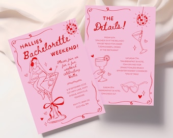 Bachelorette Weekend Itinerary, Hand-Drawn Martini Cocktail, Scribble invite, Printable Weekend Hen Party Itinerary, Editable Canva Template