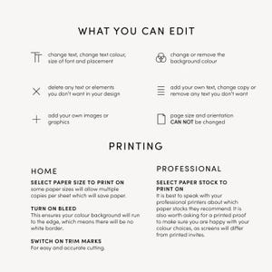 May include: A white background with black text detailing editing options for design projects. Text includes "What You Can Edit" and "Printing" with descriptions of text, color, and image adjustments. Instructions for home and professional printing are also included.