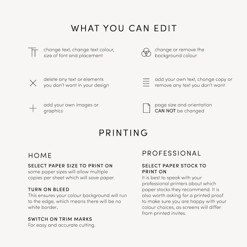 May include: A white background with black text detailing editing options for design projects. Text includes "What You Can Edit" and "Printing" with descriptions of text, color, and image adjustments. Instructions for home and professional printing are also included.