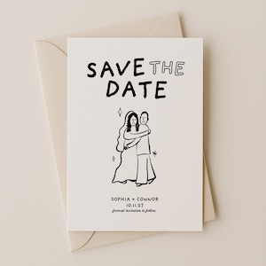 Save the Date Invitation Template Handwritten Hand drawn Scribble illustrated Save the date card couple illustration, Canva Template 015