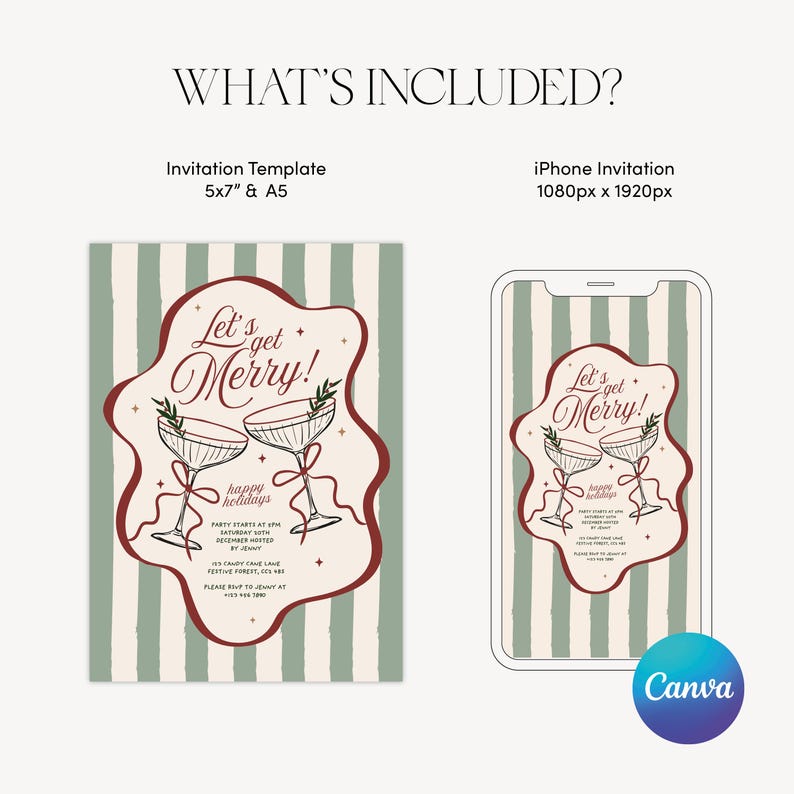 May include: An invitation template and iPhone invitation are displayed. The invitation features a festive design with champagne glasses and the text "Let's get Merry!" on a striped background. The iPhone invitation is 1080px x 1920px.