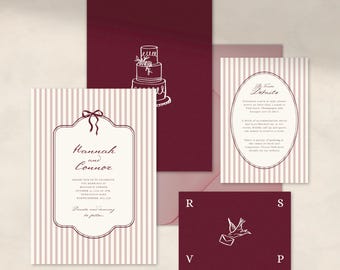 Burgundy Stripe Wedding Invitation Suite, Elegant Hand-Drawn Design, Romantic Whimsical Invitation Set (Canva Template) 014