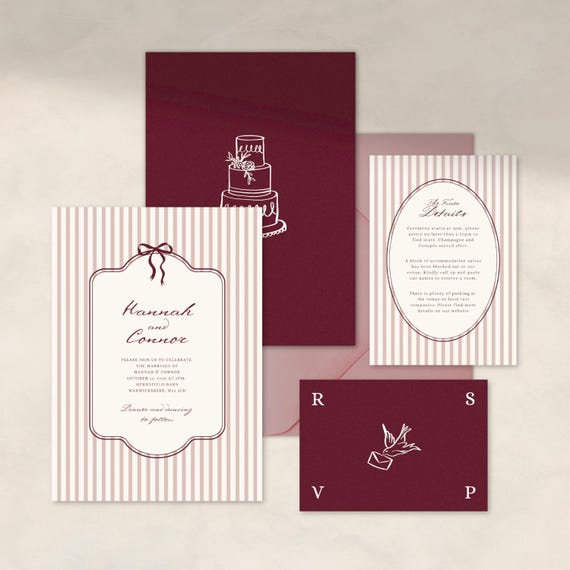 Burgundy Stripe Wedding Invitation Suite, Elegant Hand-Drawn Design, Romantic Whimsical Invitation Set (Canva Template) 014