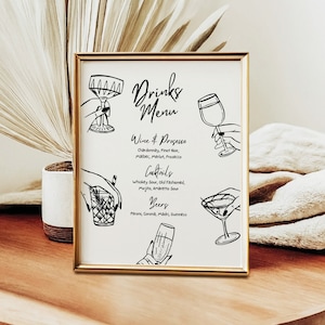 Barmenü-Vorlage, bearbeitbare Barkarte für Hochzeit, handgezeichnet, Cocktailkarte, Barkarte-Schild, Getränkekarte, digitaler Download, Canva-Vorlage