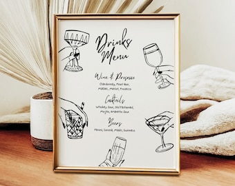 May include: A black and white printable drinks menu with hand-drawn illustrations of glasses. The menu lists wine, cocktails, and beers. The text reads "Drinks Menu", "Wine & Prosecco", "Cocktails", "Beers", "Chardonnay, Pinot Noir, Malbec, Merlot, Prosecco", "Whiskey Sour, Old Fashioned, Mojito, Amaretto Sour", and "Peroni, Corona, Madri, Guinness".