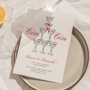 Bewerkbare verjaardagsuitnodiging, champagnetoren handgetekende elegante handgeschreven cocktail uitnodiging 21e, 30e, 40e, 50e verjaardag sjabloon