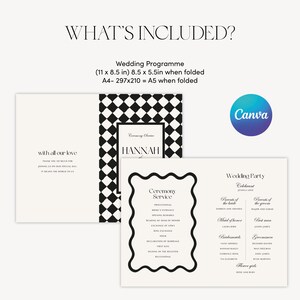 Puede incluir: Programa de boda con un patr&oacute;n de cuadros blancos y negros y el nombre "HANNAH". El programa incluye detalles de la ceremonia e informaci&oacute;n de la fiesta de bodas. Las dimensiones son 27,9 x 21,6 cm, plegado 21,6 x 14 cm.