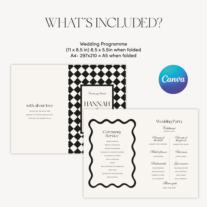 Puede incluir: Programa de boda con un patr&oacute;n de cuadros blancos y negros y el nombre "HANNAH". El programa incluye detalles de la ceremonia e informaci&oacute;n de la fiesta de bodas. Las dimensiones son 27,9 x 21,6 cm, plegado 21,6 x 14 cm.
