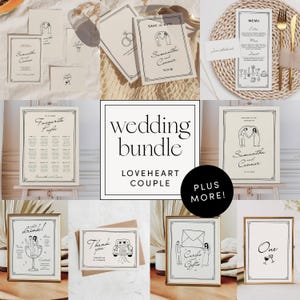 Puede incluir: Un paquete de boda con tarjetas y letreros imprimibles que muestran una pareja en forma de coraz&oacute;n. El paquete incluye una tarjeta de guardar la fecha, un letrero de bienvenida, un plano de asientos, un men&uacute;, un men&uacute; de bebidas, una tarjeta de agradecimiento, una tarjeta para regalos y un letrero de n&uacute;mero de mesa. Las tarjetas y los letreros son todos en blanco y negro con un dise&ntilde;o minimalista.