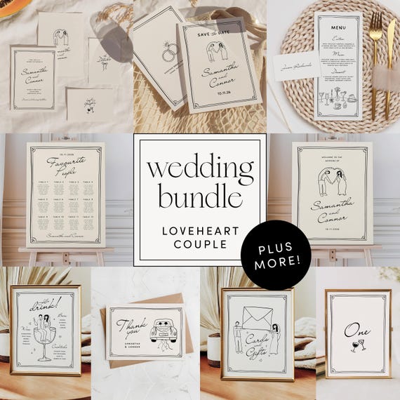Wedding Invitation Templates Bundle, Hand Drawn Illustrated Couple, Wedding Suite Stationery 012