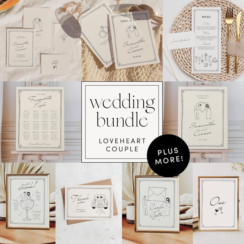 Puede incluir: Un paquete de boda con tarjetas y letreros imprimibles que muestran una pareja en forma de coraz&oacute;n. El paquete incluye una tarjeta de guardar la fecha, un letrero de bienvenida, un plano de asientos, un men&uacute;, un men&uacute; de bebidas, una tarjeta de agradecimiento, una tarjeta para regalos y un letrero de n&uacute;mero de mesa. Las tarjetas y los letreros son todos en blanco y negro con un dise&ntilde;o minimalista.