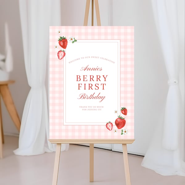 Berry First Birthday Gingham Template, Printable Check Strawberry 1st Birthday, Digital Girls 1st Birthday Gingham Welcome Sign Editable