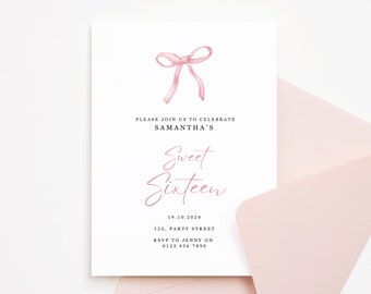 Editable Sweet 16 Birthday Party Invitation, Pink Invite, Illustrated Ribbon Bow, Coquette aesthetic, Minimal Canva Template, Mobile Invite