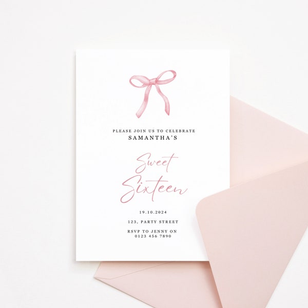 Editable Sweet 16 Birthday Party Invitation, Pink Invite, Illustrated Ribbon Bow, Coquette aesthetic, Minimal Canva Template, Mobile Invite