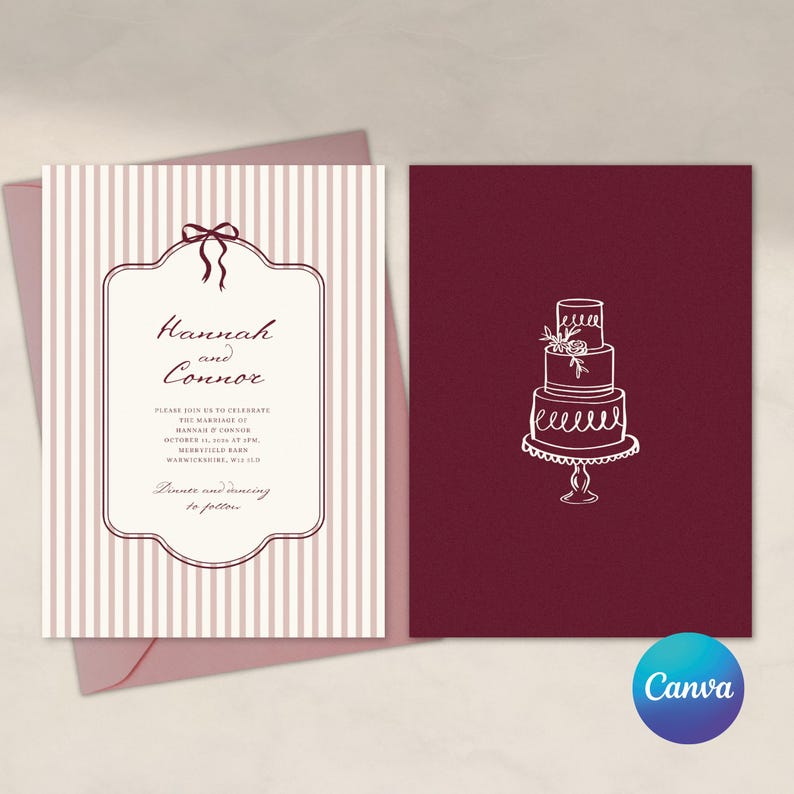 Pu&ograve; includere: Set di inviti di nozze con un design a righe con i nomi "Hannah and Connor" e i dettagli dell'evento. Il set include un biglietto bordeaux con un'illustrazione di torta e una busta rosa.