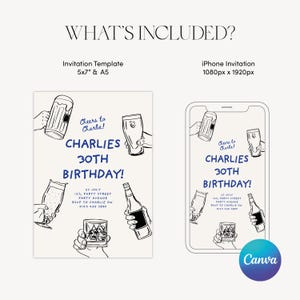 May include: A black and white illustration of a birthday invitation with a beer and glass theme. The text reads "Cheers to Charlie! Charlie's 30th Birthday!" with details for the party. The invitation is designed for a 5x7 inch or A5 size print and a 1080px x 1920px iPhone screen.