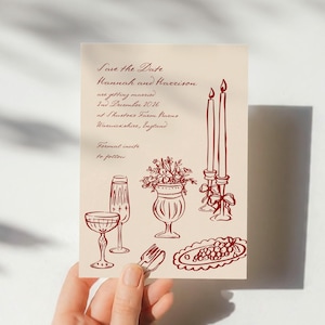 Invitación para guardar la fecha escrita a mano, invitación para boda dibujada a mano, invitación para guardar la fecha editable, invitación vintage única, ilustración digital Canva 013