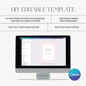 Może przedstawiać: Ekran komputera wyświetlający wz&oacute;r w kratkę w kolorze r&oacute;żowym i białym z tekstem "Witamy na Baby Shower" w białym polu. Tekst "DIY Editable Template" znajduje się w g&oacute;rnej części ekranu. Tekst "Nie musisz pobierać żadnego oprogramowania ani czcionek, po prostu edytuj w Canva za darmo!" znajduje się pod obrazem. Tekst "Edytuj tekst, czcionki i kolory" znajduje się poniżej. Tekst "Nieograniczone poprawki i pobrania" znajduje się po prawej stronie ekranu. Tekst "Dodaj swoje własne zdjęcia!" znajduje się poniżej. Tekst "Canva" znajduje się w prawym dolnym rogu ekranu.