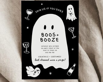 May include: A black rectangular party invitation featuring a large white ghost in the center with the text BOOS+BOOZE. The card includes the text JOIN US IF YOU DARE, party details, and illustrations of ghosts, cocktail glasses, and a wine bottle.