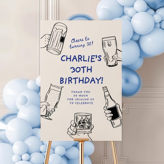 Birthday Party Welcome Sign, Male 30th Birthday Beers Sign, 21st 30th 40th 50th Editable Party Decor scribble Template Birthday sign for men