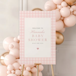 Rosa Babyparty-Willkommensschild, Gingham-Partyschild, bearbeitbare Babymädchen-Babypartyschild-Vorlage, Partydekor