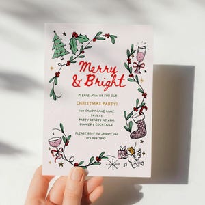 Sjabloon uitnodiging kerstfeest grillige handgetekende feestelijke illustraties vrolijk en helder kerstdiner nodigt, digitaal canvas CH3