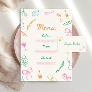 Szablon menu i wizytówki z ilustracją ręczną, menu z ilustracją Scribble, edytowalne kolorowe zabawne karty z nazwami stołów Projekt menu Ślub Canva