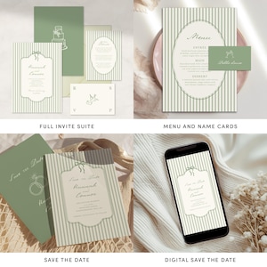 May include: A collection of wedding stationery in shades of green and cream. Includes invitations, menu cards, and save-the-date cards. The designs feature striped backgrounds and elegant text. A smartphone displays a digital save-the-date.