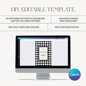 Puede incluir: Un monitor de ordenador muestra una plantilla editable de bricolaje con el texto "DIY EDITABLE TEMPLATE". La pantalla muestra un dise&ntilde;o a cuadros en blanco y negro con los nombres "HANNAH & MARIO". El logotipo de Canva est&aacute; en la esquina inferior derecha.