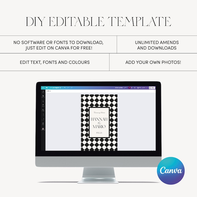 Puede incluir: Un monitor de ordenador muestra una plantilla editable de bricolaje con el texto "DIY EDITABLE TEMPLATE". La pantalla muestra un dise&ntilde;o a cuadros en blanco y negro con los nombres "HANNAH & MARIO". El logotipo de Canva est&aacute; en la esquina inferior derecha.