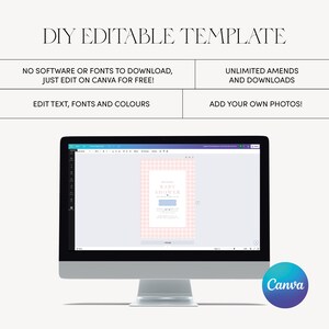 K&ouml;nnte beinhalten: Ein Computerbildschirm zeigt eine rosa-wei&szlig;e Gingham-Babyparty-Einladungsvorlage auf Canva. Der Text auf der Einladung lautet "You're Invited to a Baby Shower".