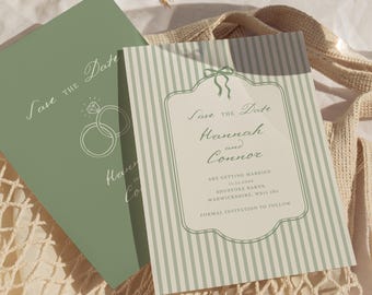Streifen Grün Save the Date Einladung, bearbeitbar Elegant, wunderlich einzigartig Handgezeichnete illustrierte Save the Date Karte Sage, Canva Template 014