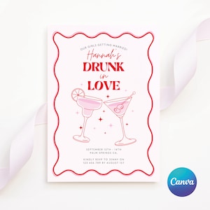 Drunk in Love Bachelorette Party Invite, Margarita and Martini Cocktail Invite, Groovy Pink Wavy Hens Party Invite, Editable Canva Template image 2