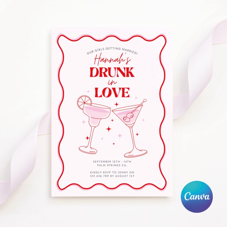 Drunk in Love Bachelorette Party Invite, Margarita and Martini Cocktail Invite, Groovy Pink Wavy Hens Party Invite, Editable Canva Template image 2