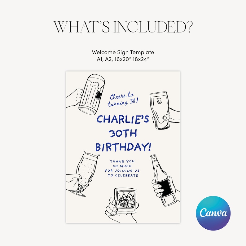 May include: A white welcome sign template with black line drawings of hands holding various beverages, including a beer mug, a glass of beer, a bottle of beer, and a glass of whiskey. The text on the sign reads "Cheers to turning 30! Charlie's 30th Birthday! Thank you so much for joining us to celebrate."